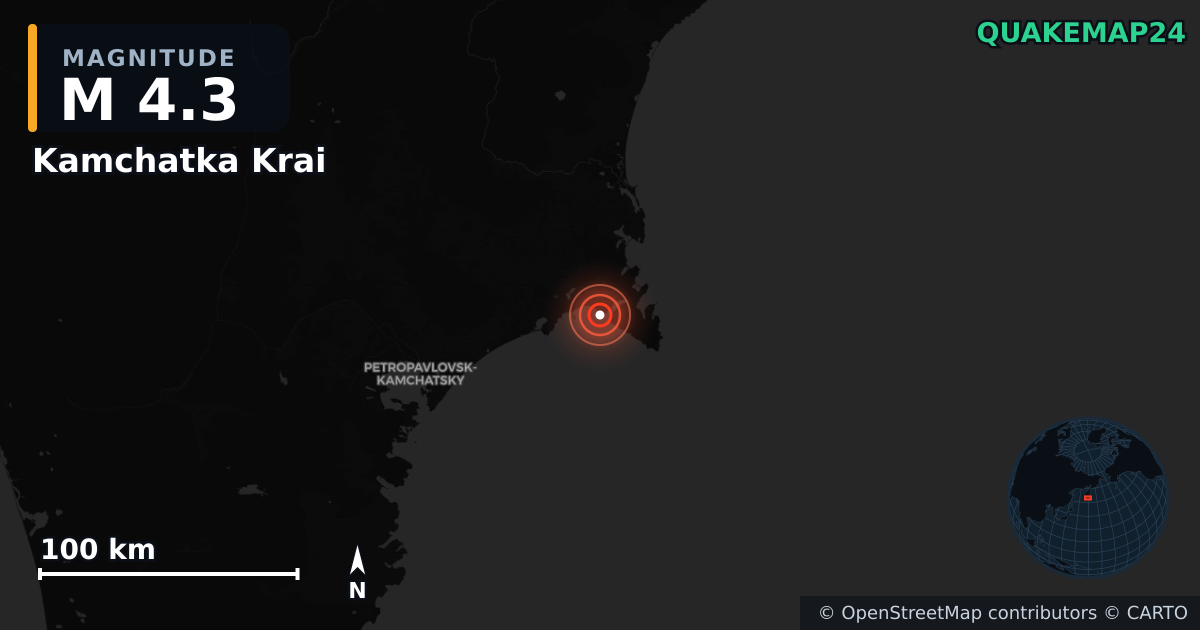 M4.3 earthquake near Kamchatka Krai on Jul 19, 2026 — map of epicenter and shaking intensity | QuakeMap24