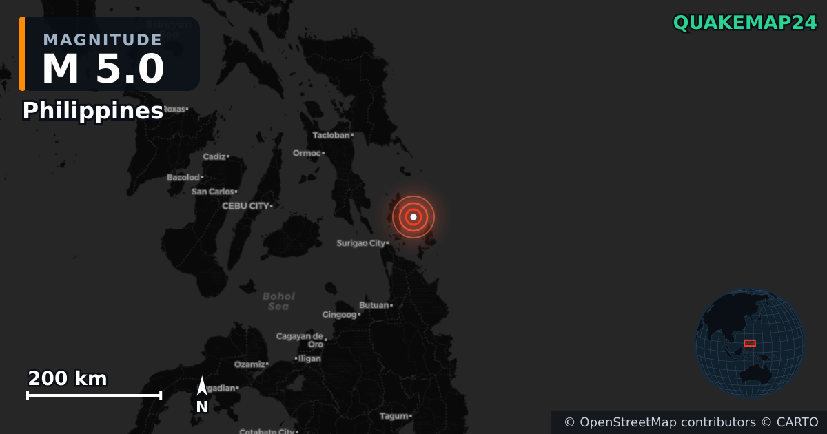 M5.0 earthquake near Philippines on Aug 29, 2025 — map of epicenter and shaking intensity | QuakeMap24