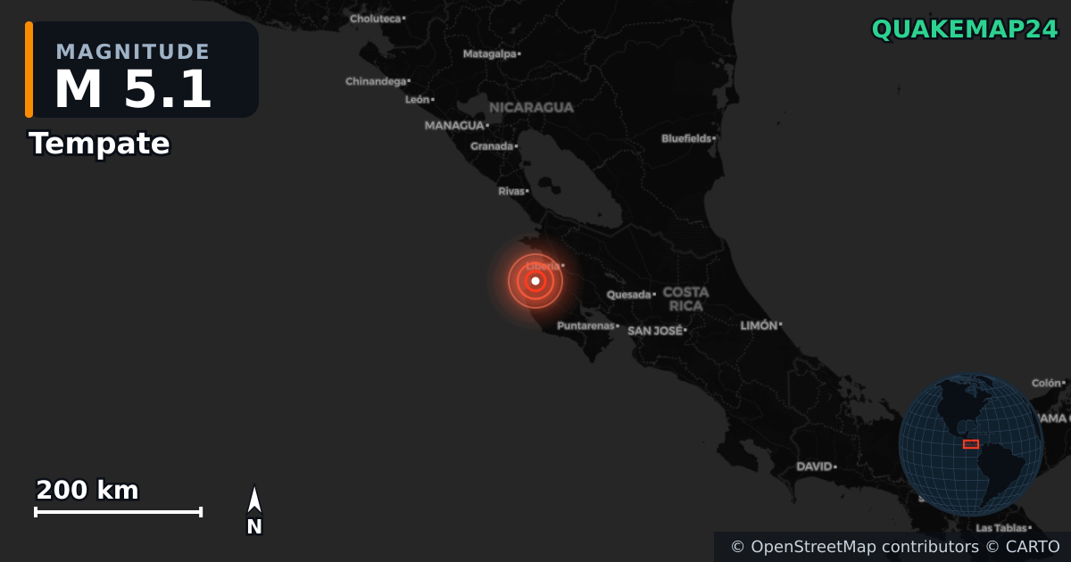 M5.1 earthquake near Tempate on Jun 10, 2026 — map of epicenter and shaking intensity | QuakeMap24