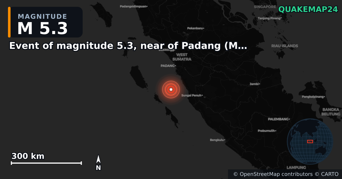 M5.3 earthquake near Event of magnitude 5.3, near of Padang (Monde) on Apr 4, 2026 — map of epicenter and shaking intensity | QuakeMap24