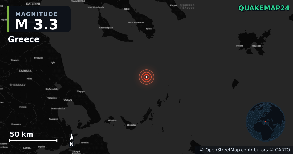 M3.3 earthquake near Greece on Jul 28, 2026 — map of epicenter and shaking intensity | QuakeMap24