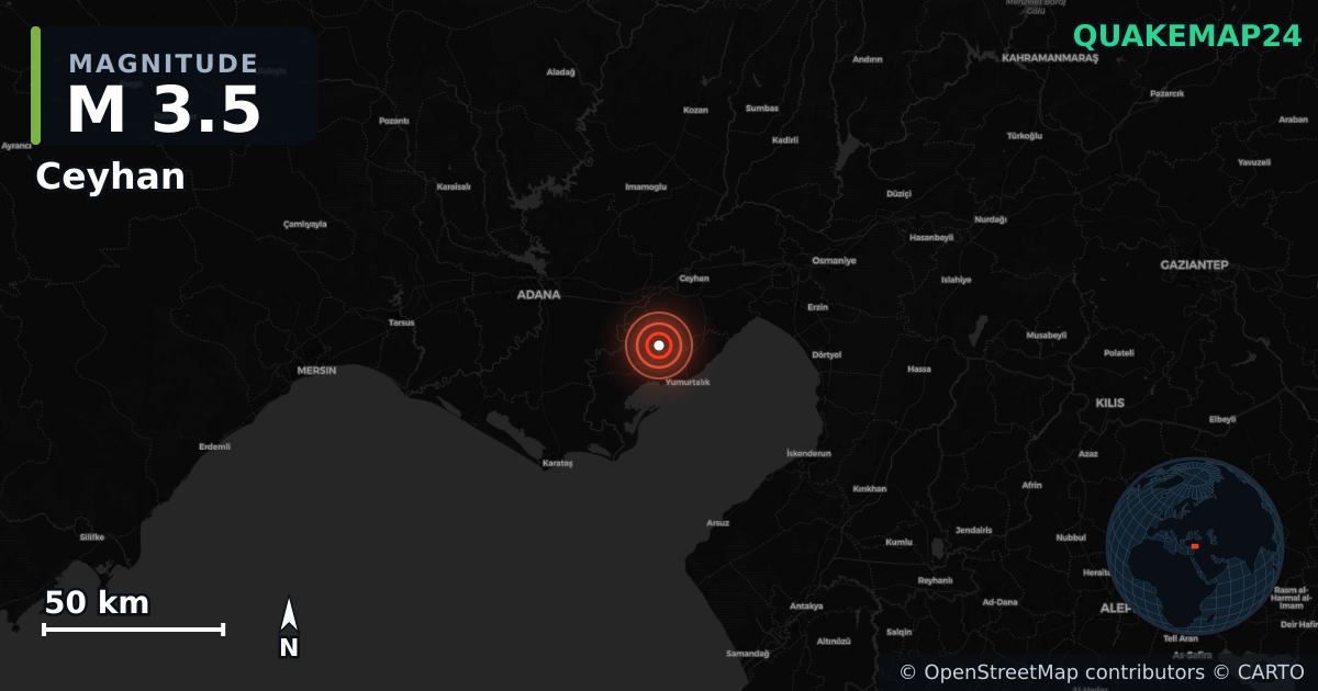 Sismo de M3,5 perto de Ceyhan (Turquia) · 2025-12-09 — Mapa da localização do epicentro