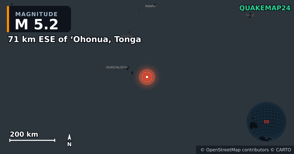Sismo de M5,2 perto de 71 km ESE of ‘Ohonua, Tonga · 2026-10-18 — Mapa da localização do epicentro