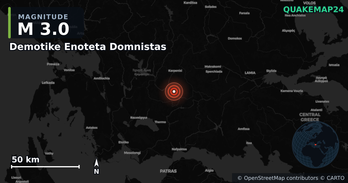 M3.0 earthquake near Demotike Enoteta Domnistas on Jan 9, 2026 — map of epicenter and shaking intensity | QuakeMap24