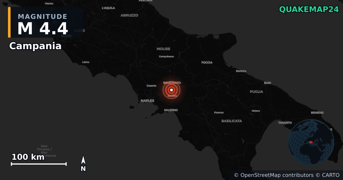 M4.4 earthquake near Campania on Oct 24, 2025 — map of epicenter and shaking intensity | QuakeMap24