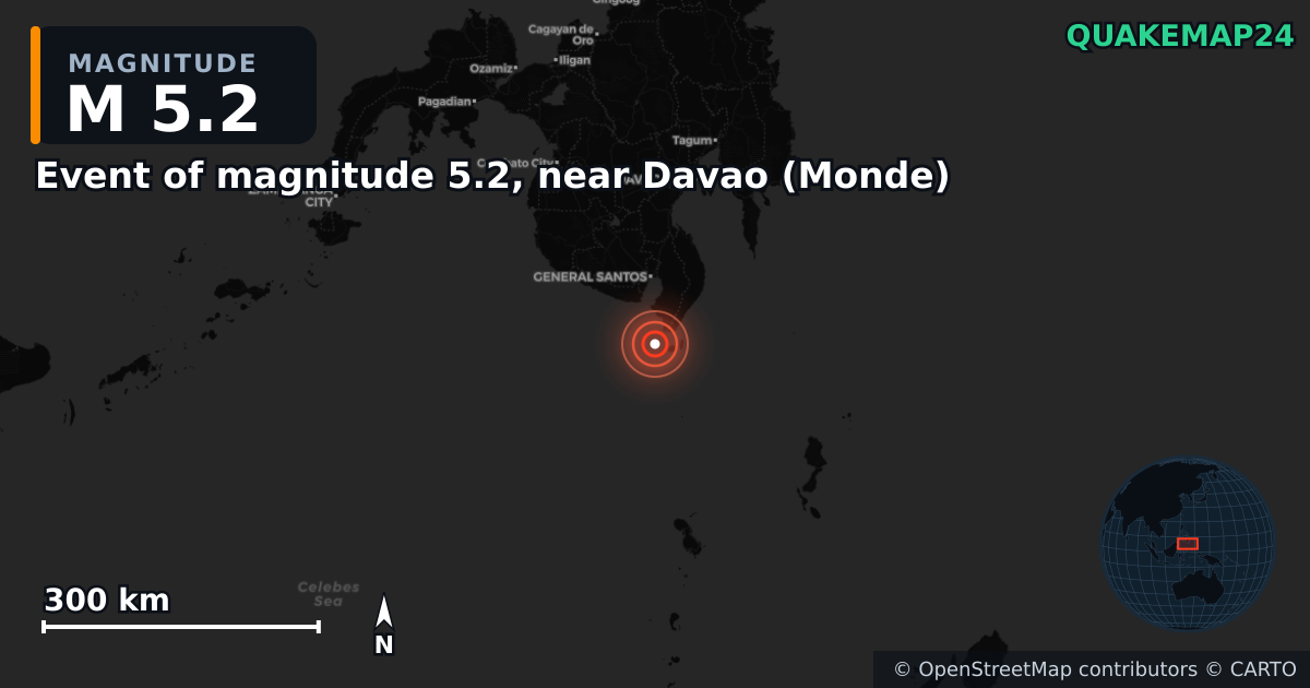 M5.2 earthquake near Event of magnitude 5.2, near Davao (Monde) on Jun 8, 2026 — map of epicenter and shaking intensity | QuakeMap24