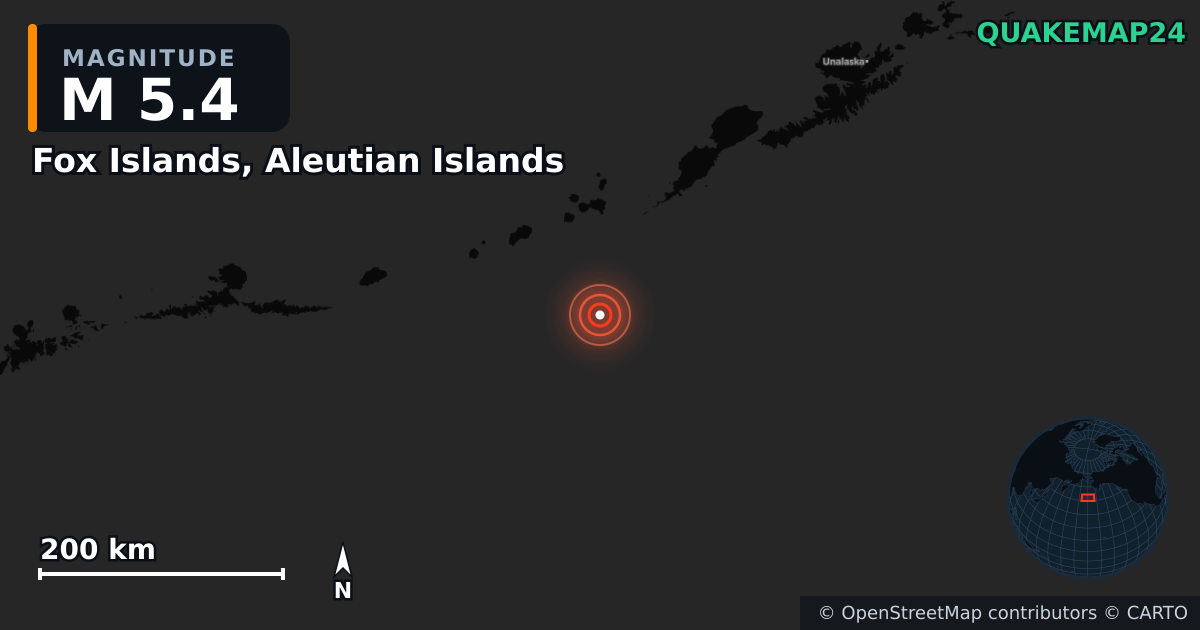 M5.4 earthquake near Fox Islands, Aleutian Islands on Sep 16, 2025 — map of epicenter and shaking intensity | QuakeMap24