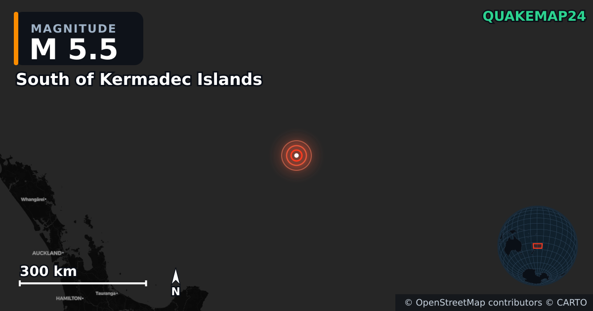 M5.5 earthquake near South of Kermadec Islands on Apr 24, 2026 — map of epicenter and shaking intensity | QuakeMap24