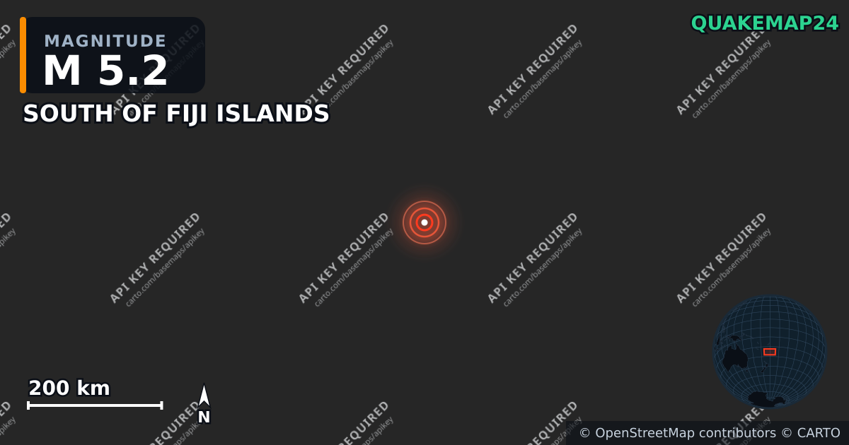 M5.2 earthquake near SOUTH OF FIJI ISLANDS on Jan 25, 2026 — map of epicenter and shaking intensity | QuakeMap24