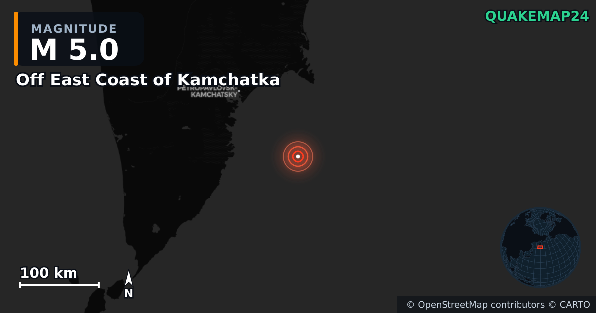M5.0 earthquake near Off East Coast of Kamchatka on Sep 12, 2025 — map of epicenter and shaking intensity | QuakeMap24