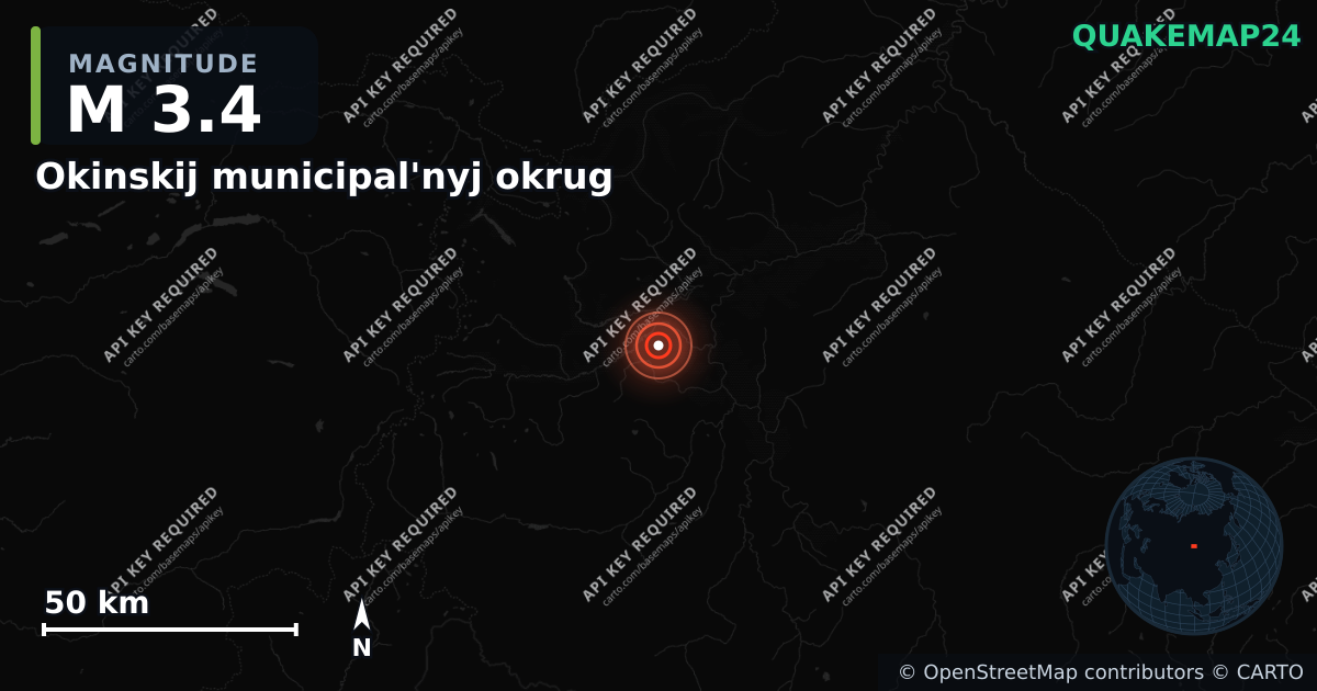 M3.4 earthquake near Okinskij municipal'nyj okrug on Sep 4, 2026 — map of epicenter and shaking intensity | QuakeMap24