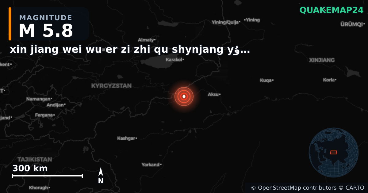 M5.8 earthquake near xin jiang wei wu er zi zhi qu shynjang yۇyghۇr yaptwnwm raywny on Dec 4, 2025 — map of epicenter and shaking intensity | QuakeMap24