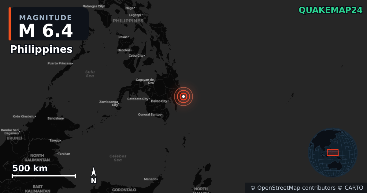 M6.4 earthquake near Philippines on Jan 7, 2026 — map of epicenter and shaking intensity | QuakeMap24