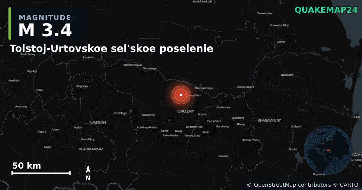 Erdbeben M3,4 bei Tolstoj-Urtovskoe sel'skoe poselenie, Chechnya (Russland) · 2026-10-27 — Karte der Lage des Epizentrums