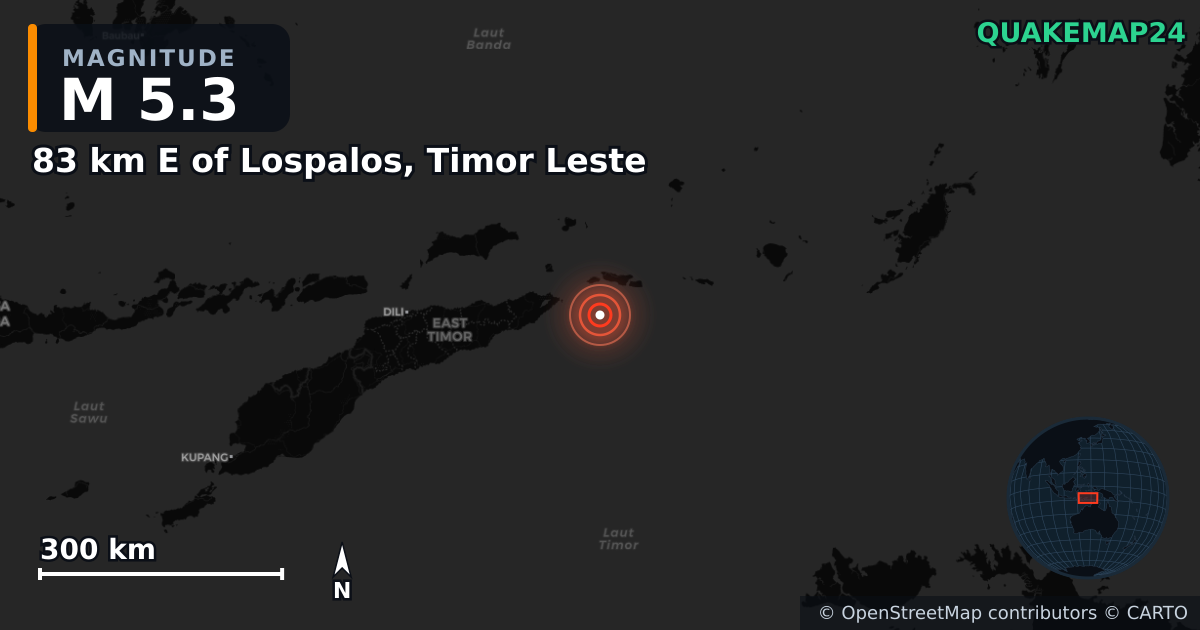 83 km E of Lospalos, Timor Leste yakınında M5,3 deprem · 2026-09-10 — Deprem merkez üssünün konumunu gösteren harita