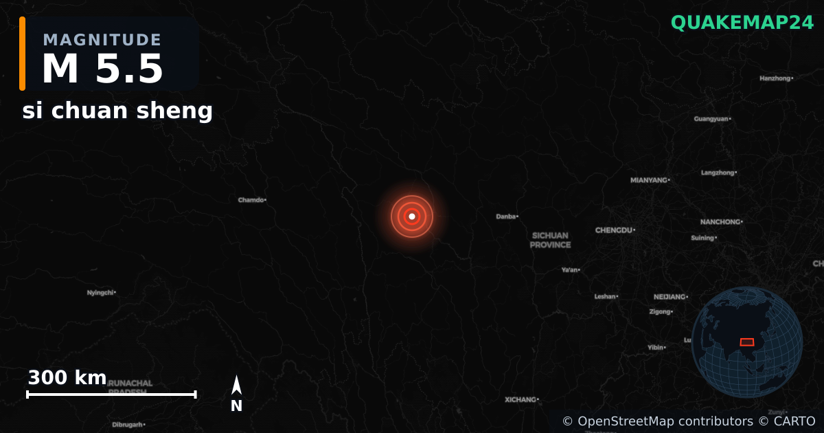 M5.5 earthquake near si chuan sheng on Oct 9, 2025 — map of epicenter and shaking intensity | QuakeMap24