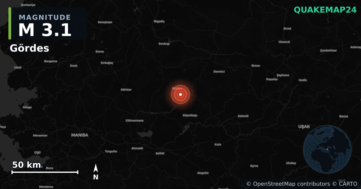 M3.1 earthquake near Gördes on Nov 7, 2025 — map of epicenter and shaking intensity | QuakeMap24