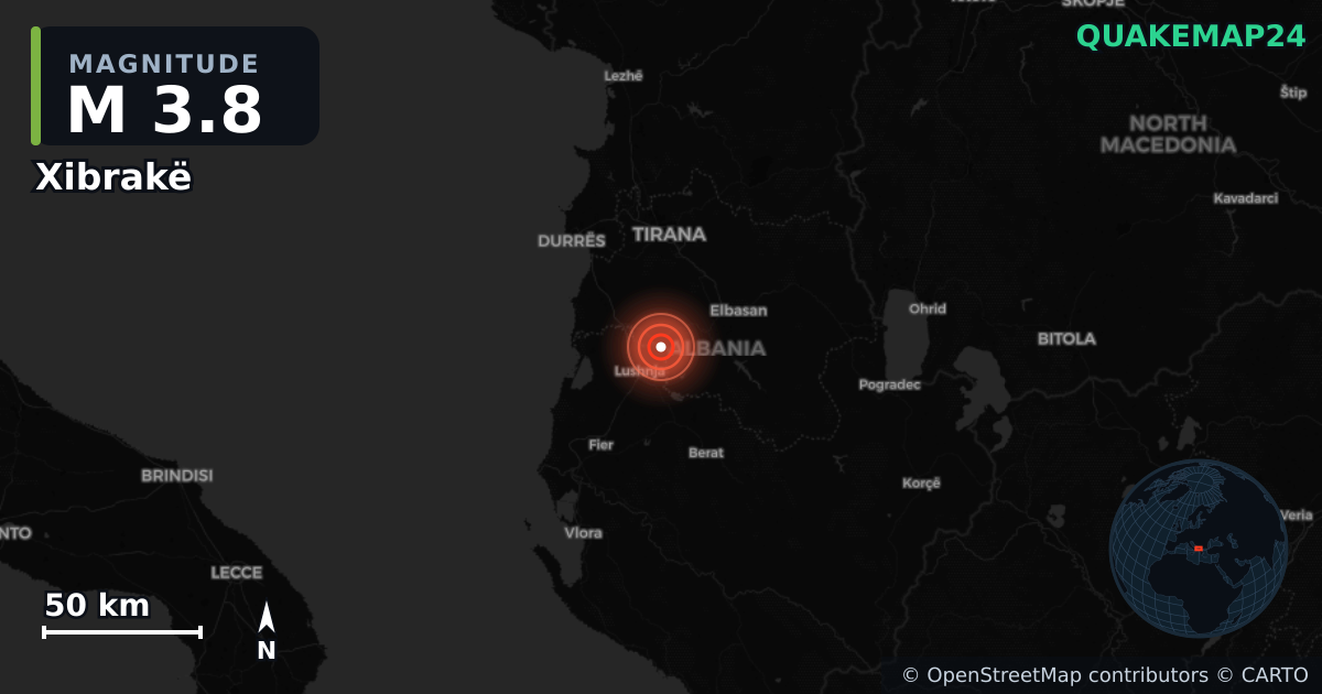 M3.8 earthquake near Xibrakë on Mar 30, 2026 — map of epicenter and shaking intensity | QuakeMap24
