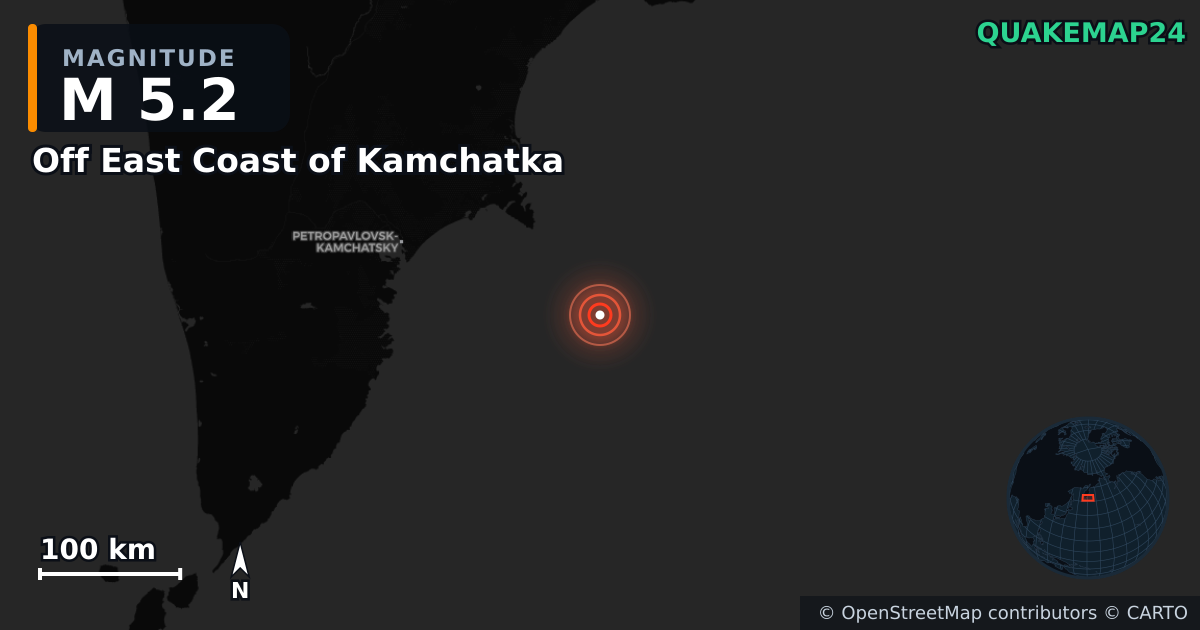 M5.2 earthquake near Off East Coast of Kamchatka on Sep 19, 2025 — map of epicenter and shaking intensity | QuakeMap24