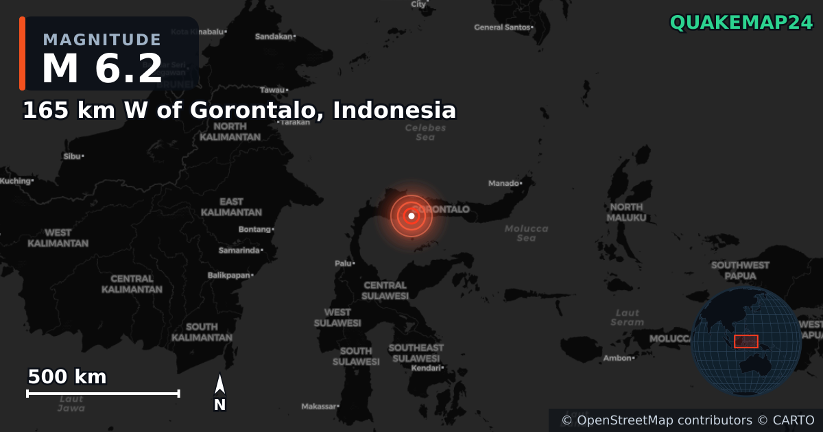 M6.2 earthquake near 165 km W of Gorontalo, Indonesia on May 3, 2025 — map of epicenter and shaking intensity | QuakeMap24