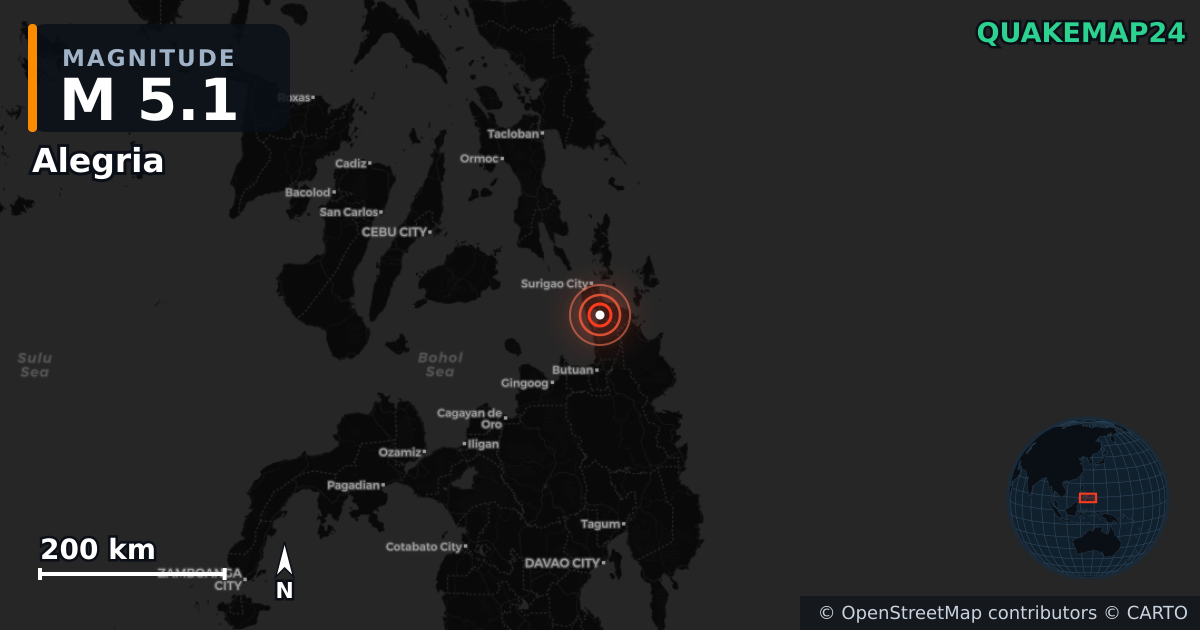 M5.1 earthquake near Alegria on Aug 21, 2026 — map of epicenter and shaking intensity | QuakeMap24