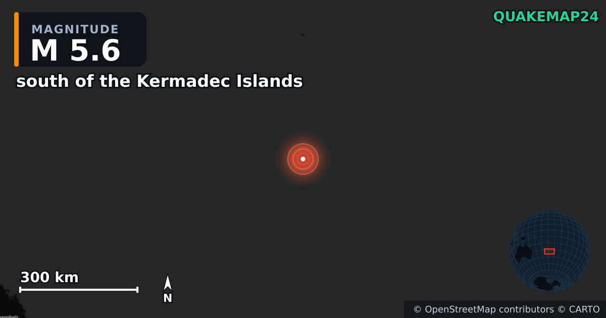 M5.6 earthquake near south of the Kermadec Islands on May 6, 2026 — map of epicenter and shaking intensity | QuakeMap24