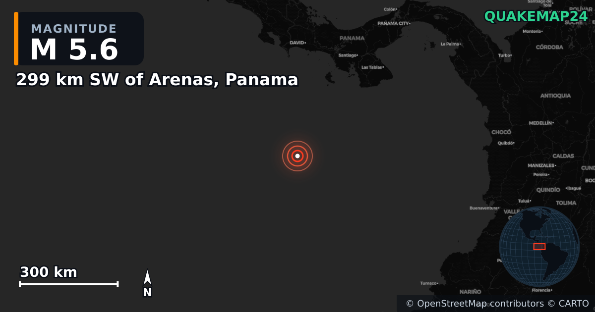 M5.6 earthquake near 299 km SW of Arenas, Panama on Jun 5, 2025 — map of epicenter and shaking intensity | QuakeMap24