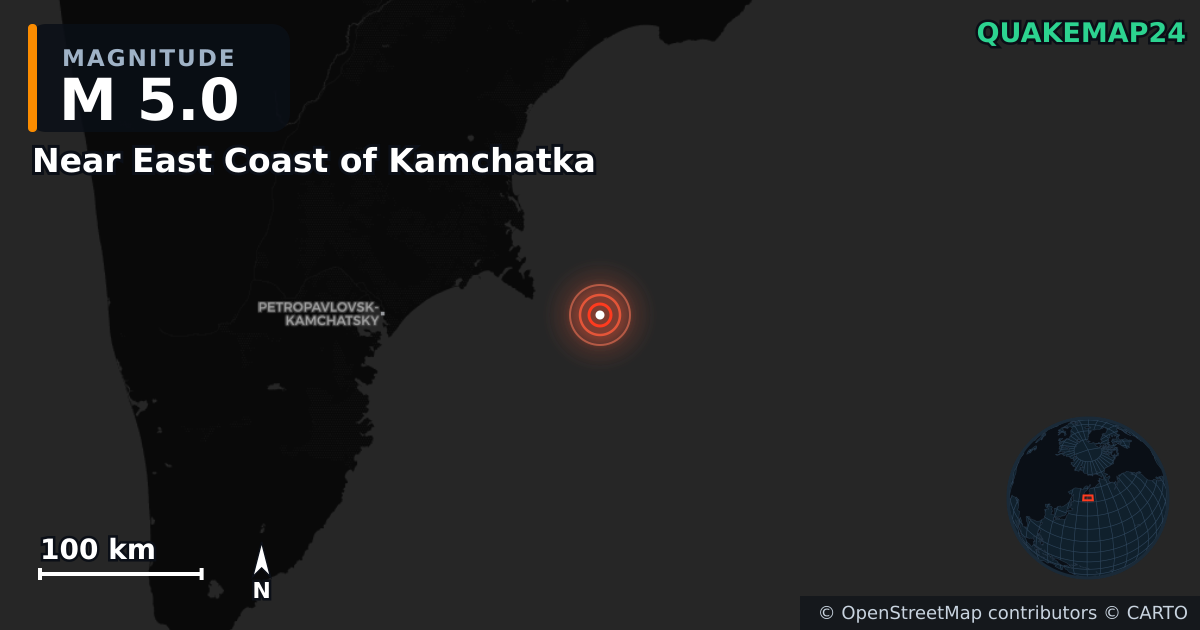 M5.0 earthquake near Near East Coast of Kamchatka on Sep 19, 2025 — map of epicenter and shaking intensity | QuakeMap24