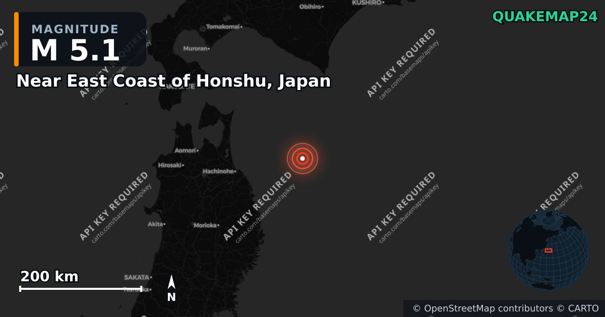 M5.1 earthquake near Near East Coast of Honshu, Japan on May 4, 2026 — map of epicenter and shaking intensity | QuakeMap24