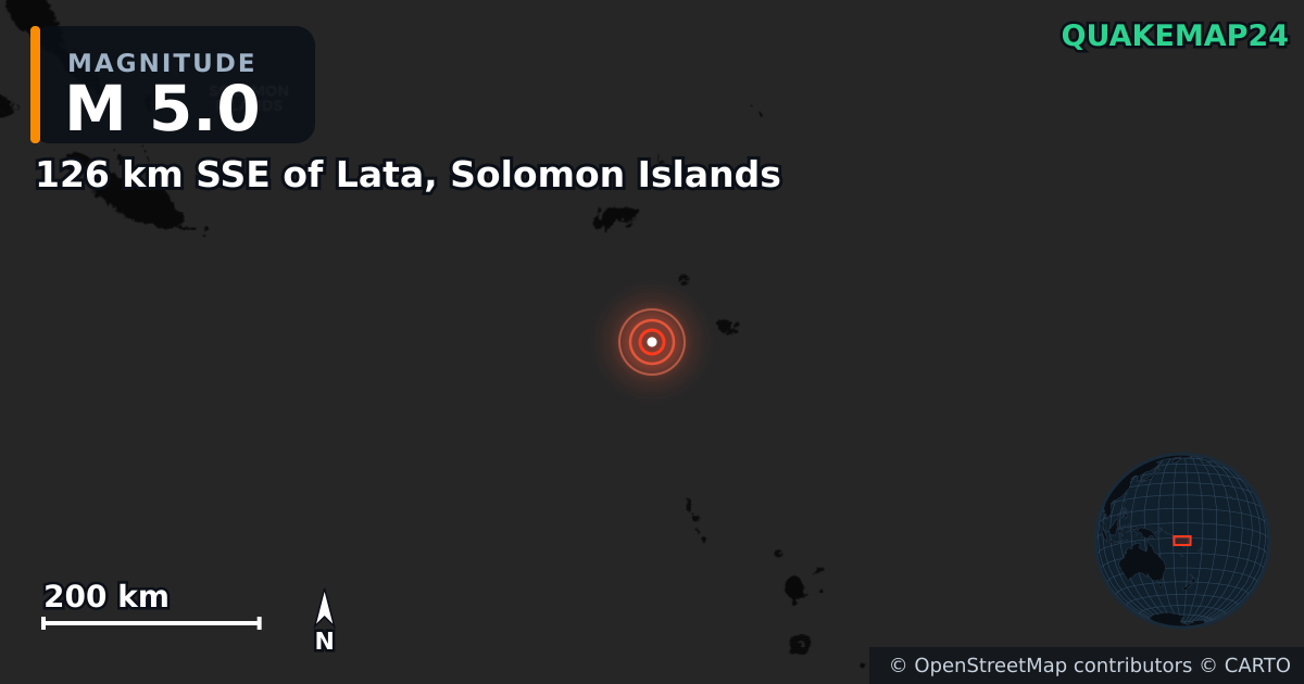 M5.0 earthquake near 126 km SSE of Lata, Solomon Islands on Feb 14, 2025 — map of epicenter and shaking intensity | QuakeMap24