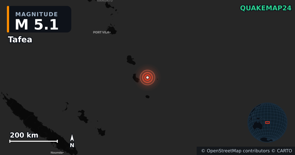 M5.1 earthquake near Tafea on Sep 4, 2025 — map of epicenter and shaking intensity | QuakeMap24