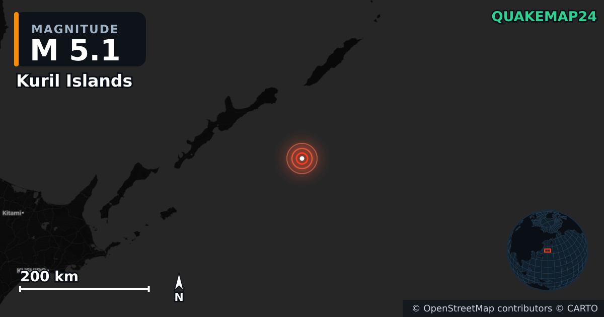 M5.1 earthquake near Kuril Islands on Jan 13, 2026 — map of epicenter and shaking intensity | QuakeMap24
