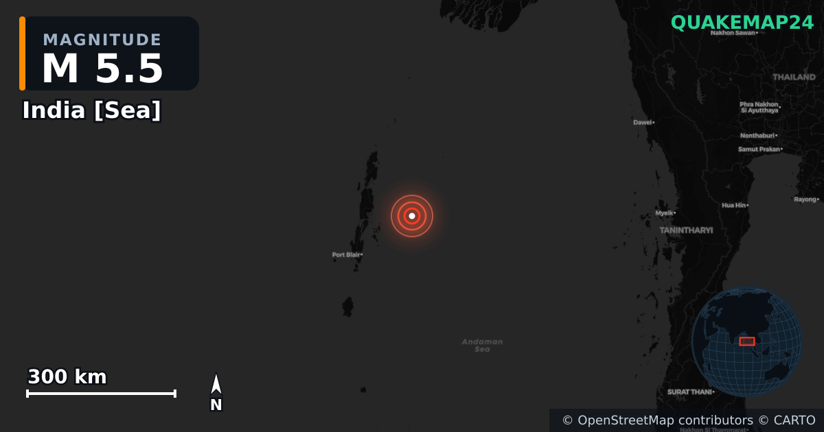 M5.5 earthquake near India [Sea] on Nov 9, 2025 — map of epicenter and shaking intensity | QuakeMap24