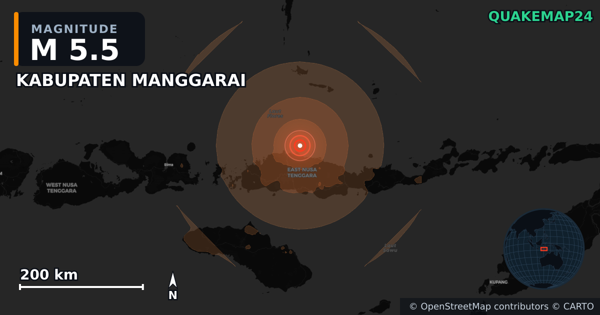 M5.5 earthquake near KABUPATEN MANGGARAI on Aug 19, 2026 — map of epicenter and shaking intensity | QuakeMap24