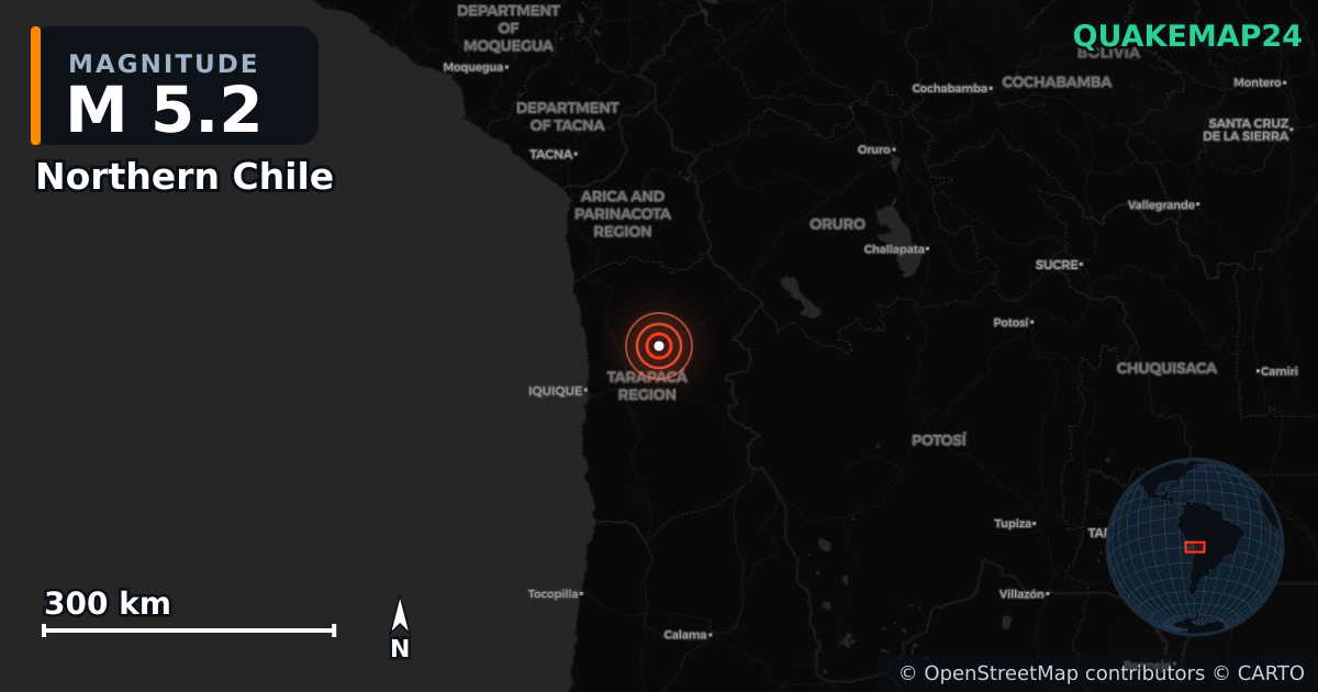 M5.2 earthquake near Northern Chile on Jan 16, 2026 — map of epicenter and shaking intensity | QuakeMap24