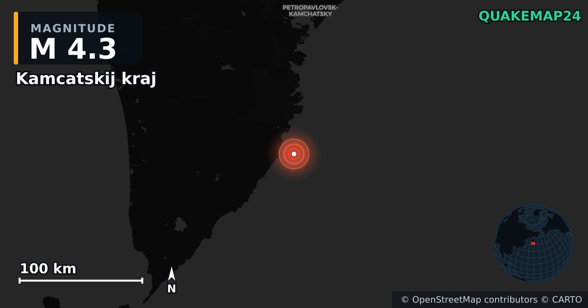 M4.3 earthquake near Kamcatskij kraj on Aug 8, 2025 — map of epicenter and shaking intensity | QuakeMap24