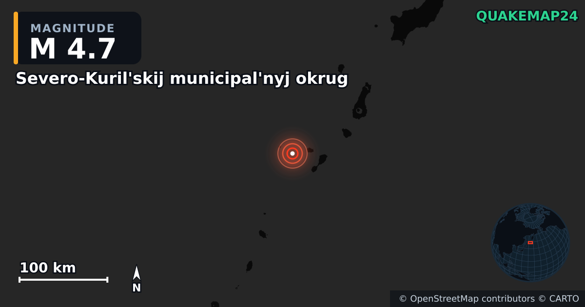 M4.7 earthquake near Severo-Kuril'skij municipal'nyj okrug on Feb 9, 2026 — map of epicenter and shaking intensity | QuakeMap24