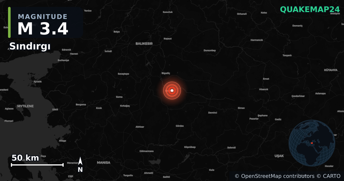 M3.4 earthquake near Sındırgı on Aug 22, 2025 — map of epicenter and shaking intensity | QuakeMap24