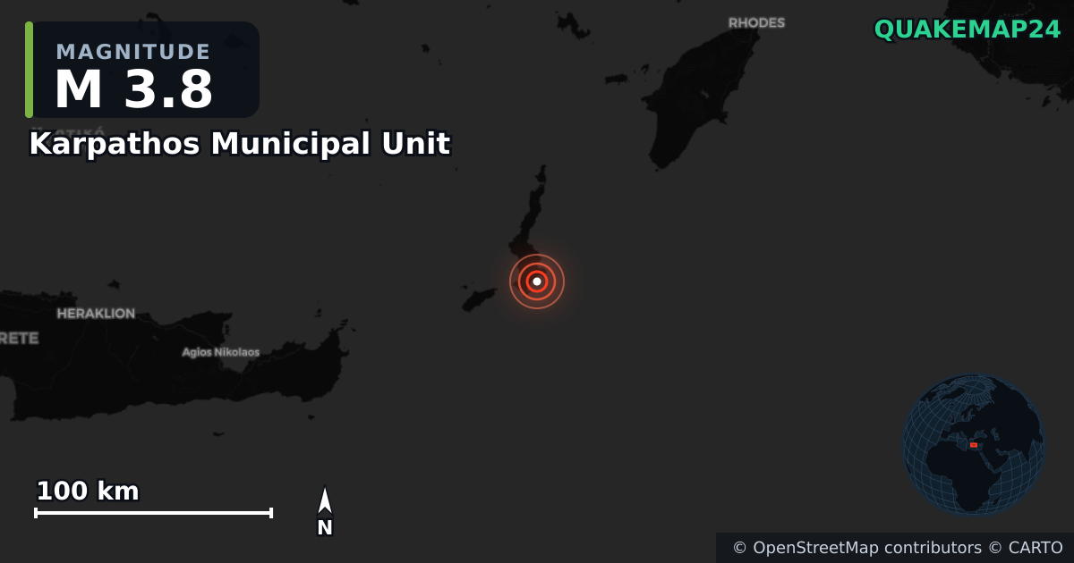 M3.8 earthquake near Karpathos Municipal Unit on Jul 5, 2026 — map of epicenter and shaking intensity | QuakeMap24