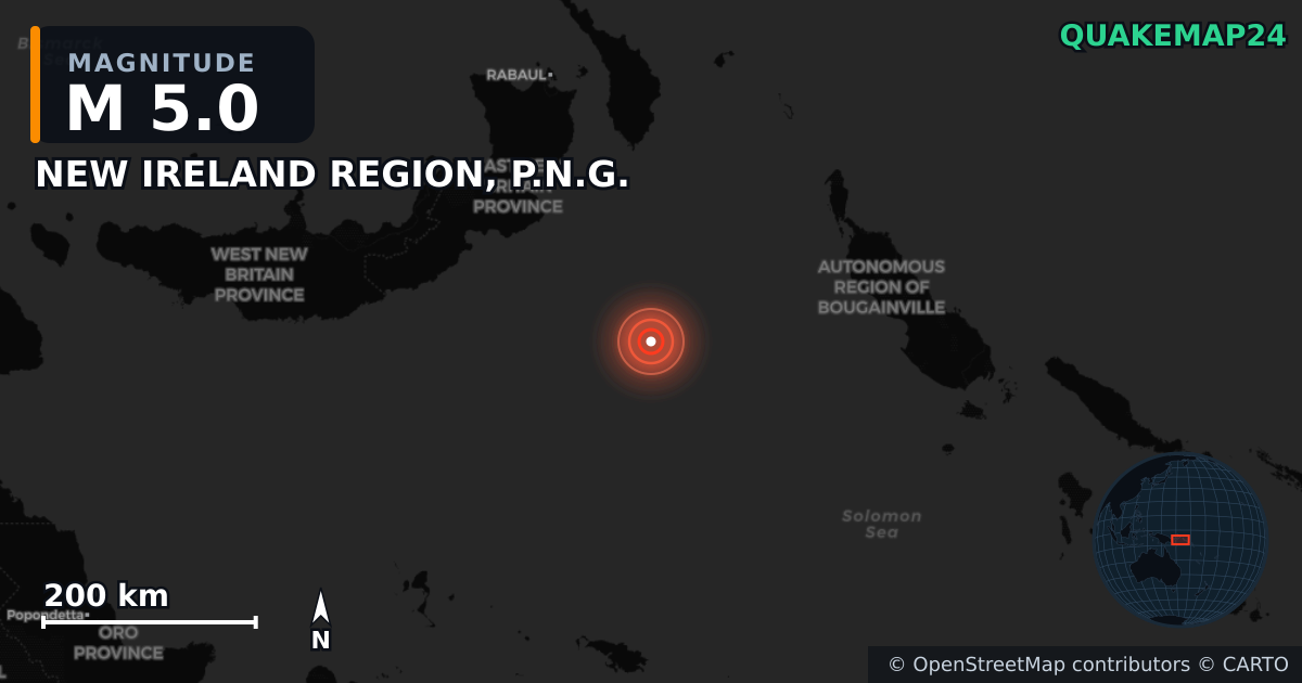 NEW IRELAND REGION, P.N.G. yakınında M5,0 deprem — Deprem merkez üssünün konumunu gösteren harita