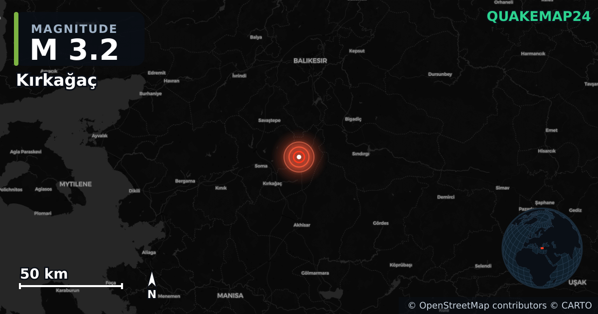 M3.2 earthquake near Kırkağaç on Sep 20, 2025 — map of epicenter and shaking intensity | QuakeMap24