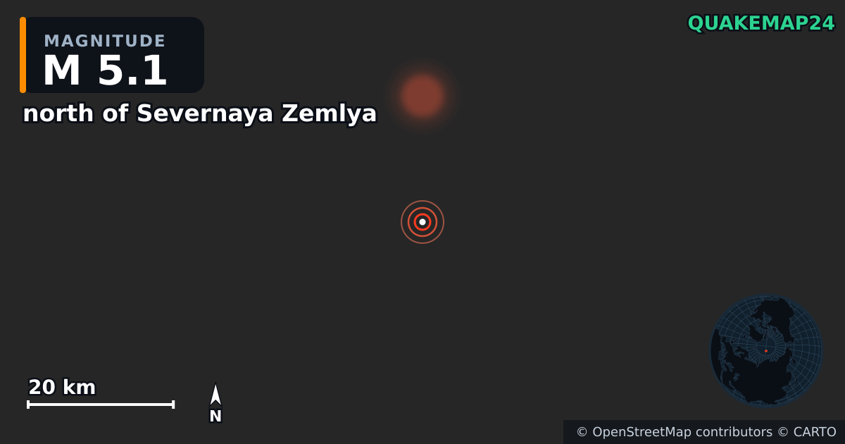 north of Severnaya Zemlya yakınında M5,1 deprem — Deprem merkez üssünün konumunu gösteren harita