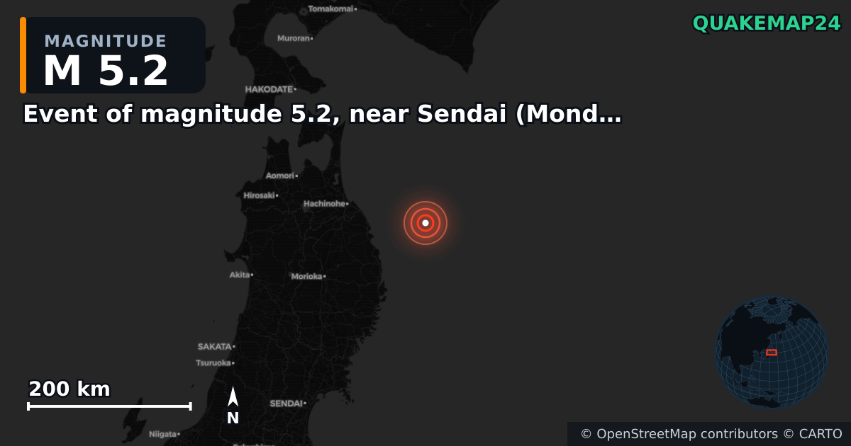 M5.2 earthquake near Event of magnitude 5.2, near Sendai (Monde) on Apr 24, 2026 — map of epicenter and shaking intensity | QuakeMap24
