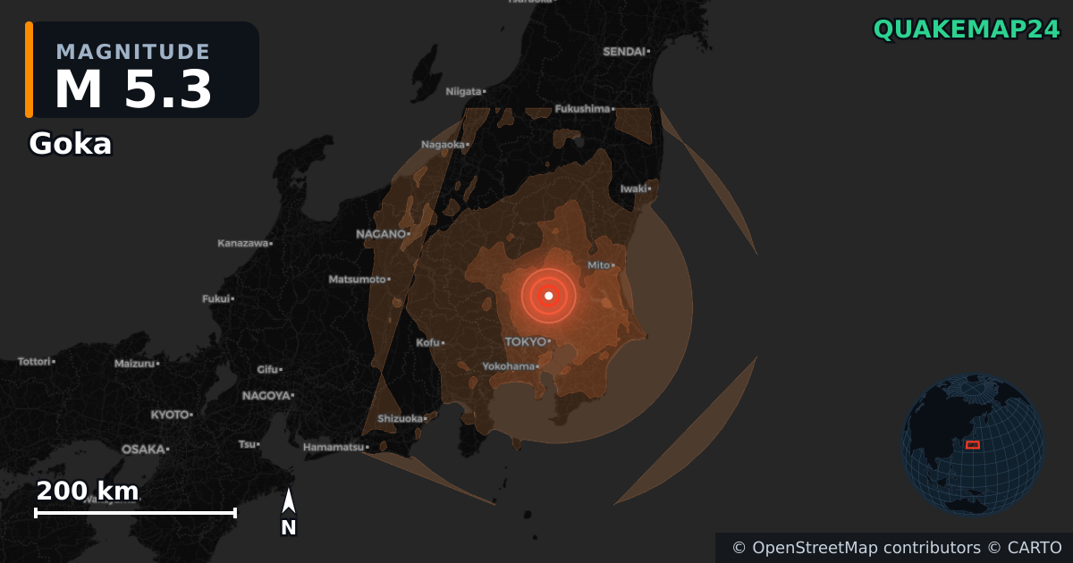 M5.3 earthquake near Goka on Jun 16, 2026 — map of epicenter and shaking intensity | QuakeMap24