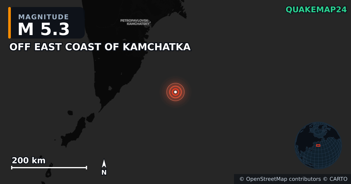 M5.3 earthquake near OFF EAST COAST OF KAMCHATKA on Jul 30, 2025 — map of epicenter and shaking intensity | QuakeMap24