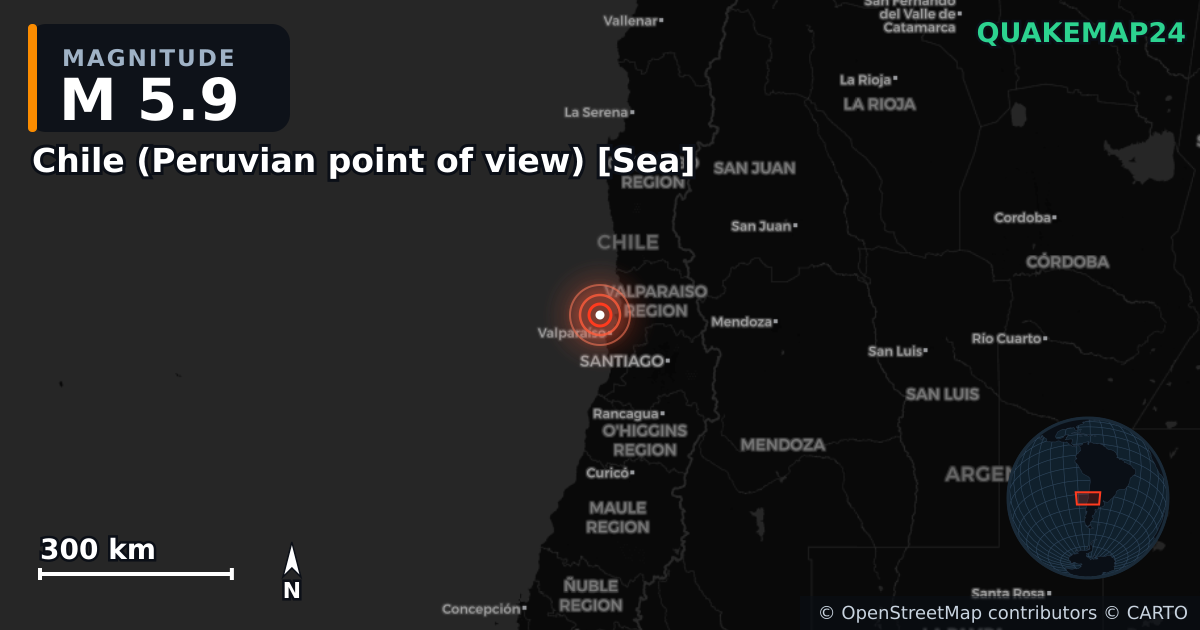 M5.9 earthquake near Chile (Peruvian point of view) [Sea] on May 31, 2026 — map of epicenter and shaking intensity | QuakeMap24