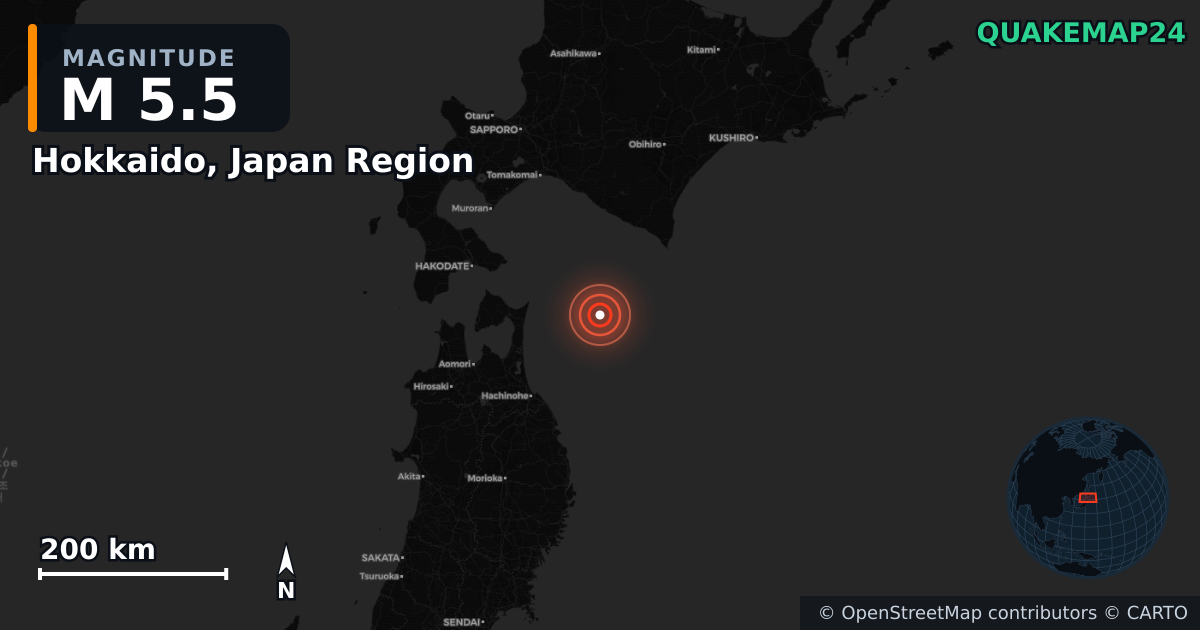 M5.5 earthquake near Hokkaido, Japan Region on Dec 9, 2025 — map of epicenter and shaking intensity | QuakeMap24