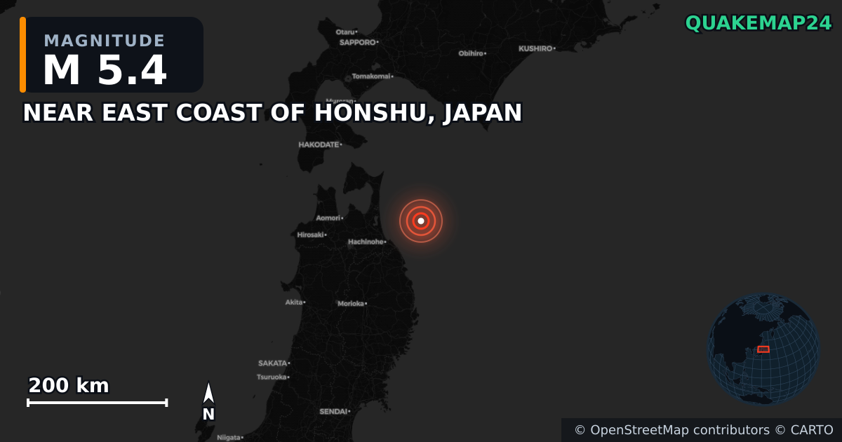 M5.4 earthquake near NEAR EAST COAST OF HONSHU, JAPAN on Dec 21, 2025 — map of epicenter and shaking intensity | QuakeMap24