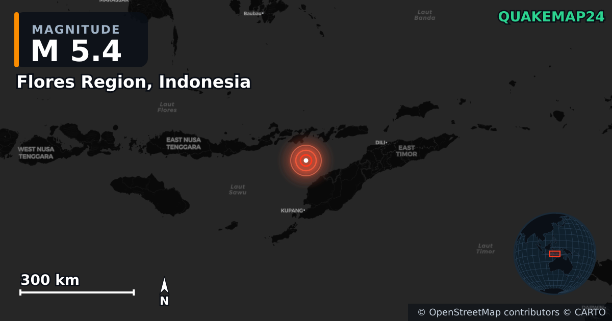 Erdbeben M5,4 bei Flores Region, Indonesia — Karte der Lage des Epizentrums