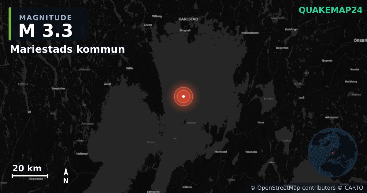 M3.3 earthquake near Mariestads kommun on Feb 19, 2025 — map of epicenter and shaking intensity | QuakeMap24